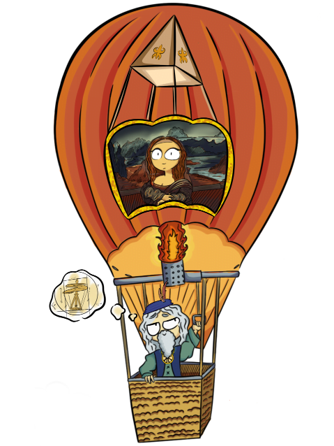 Illustration de Léonard de Vinci en montgolfière