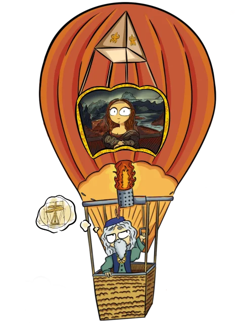 Illustration de Léonard de Vinci en montgolfière